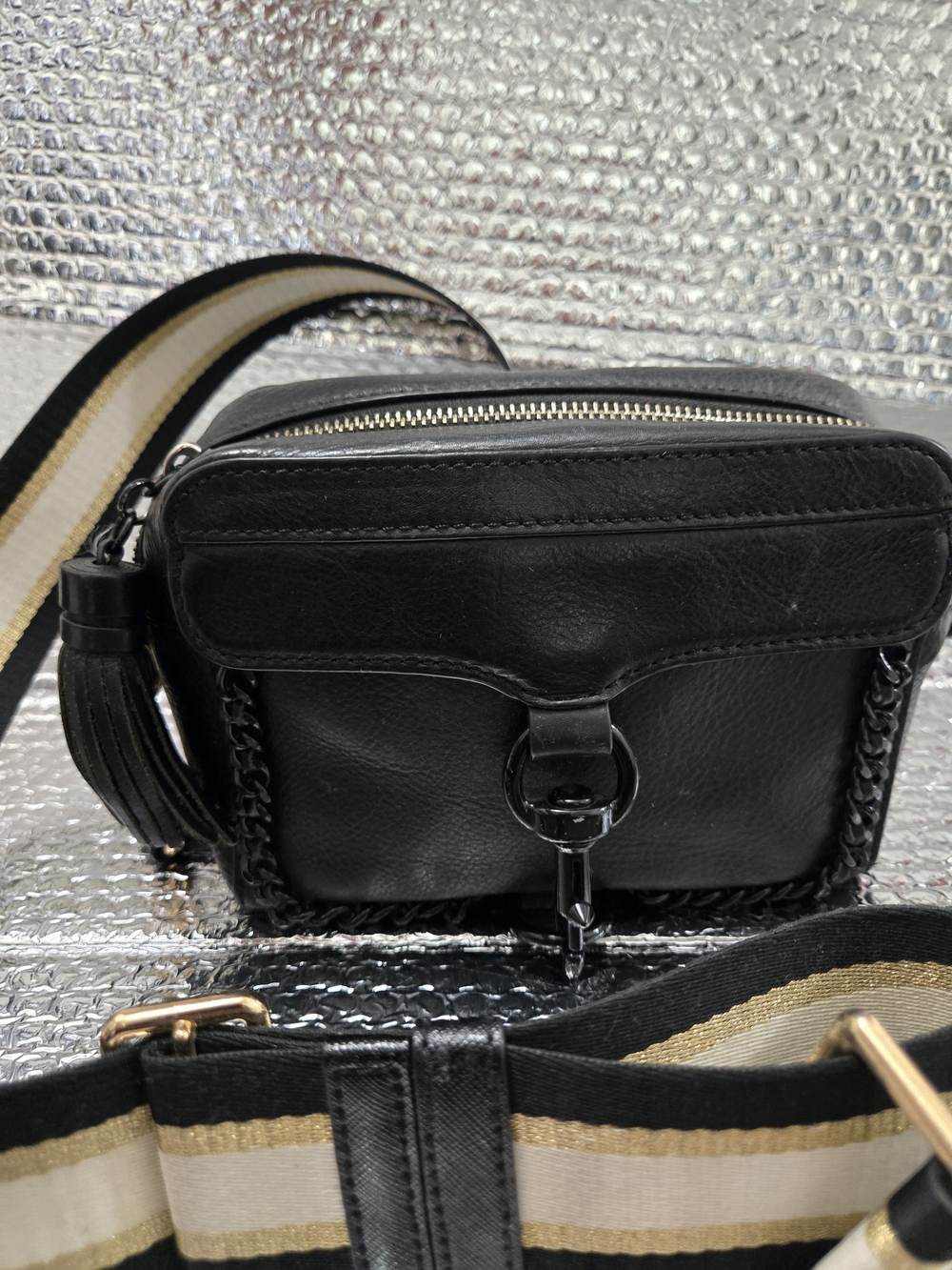 Black Leather Crossbody Camera Bag with Striped Strap